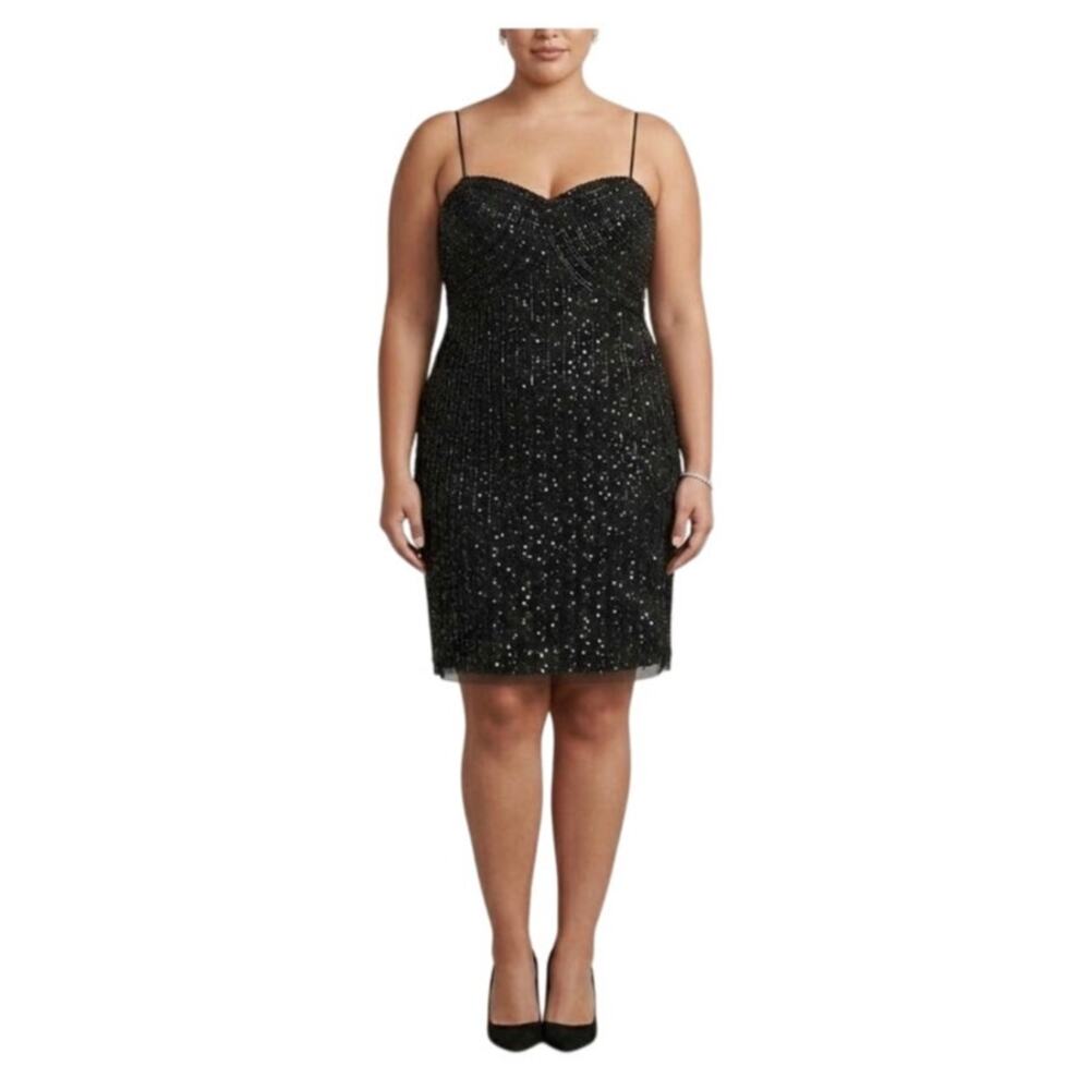 JKara Black Cocktail Dress Beaded Sequined Sleeveless Mini Sheath Size 16